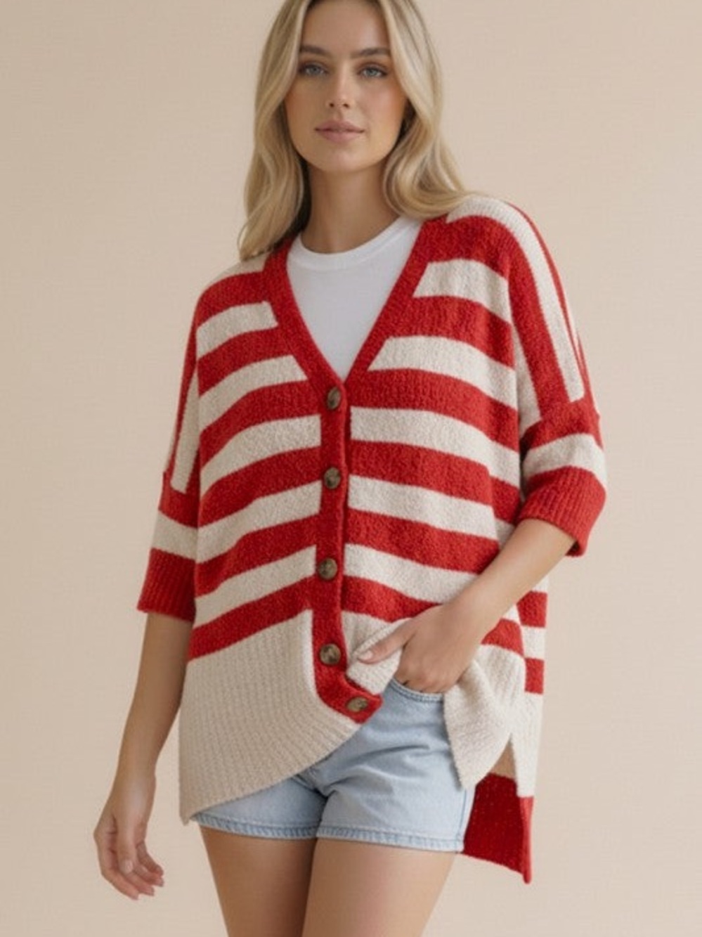 Striped Red & Cream Button-Front Women’s Sweater